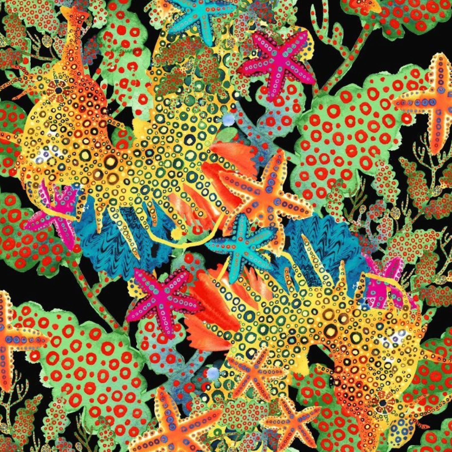 A vibrant, repeating seamless pattern featuring stylized sea creatures like starfish, crinoids, and an octopus on a black background, decorated with intricate yellow, orange, pink, and blue dotted and striped patterns.