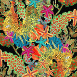 A vibrant, repeating seamless pattern featuring stylized sea creatures like starfish, crinoids, and an octopus on a black background, decorated with intricate yellow, orange, pink, and blue dotted and striped patterns.