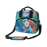 Colorful floral-patterned bag with a strap on a white background
