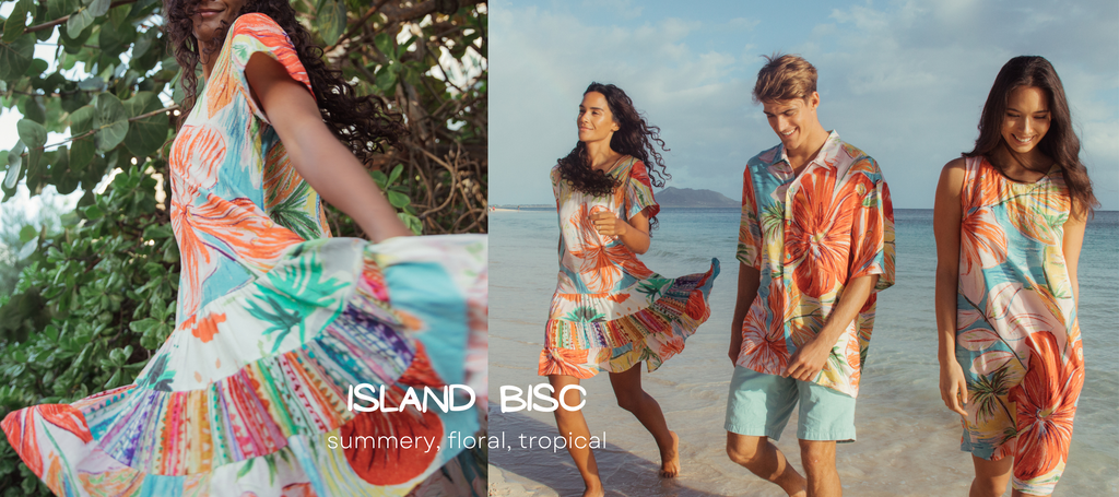 Banner Image of Island Bisc collection in which girls wearing hattie dress and boy wearing a retro shirt