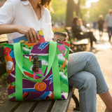 一个人坐在长椅上，手里拿着一个色彩鲜艳的手提袋、一副太阳镜和一个咖啡杯。