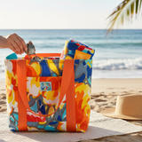 Colorful beach bag with items on a sandy beach