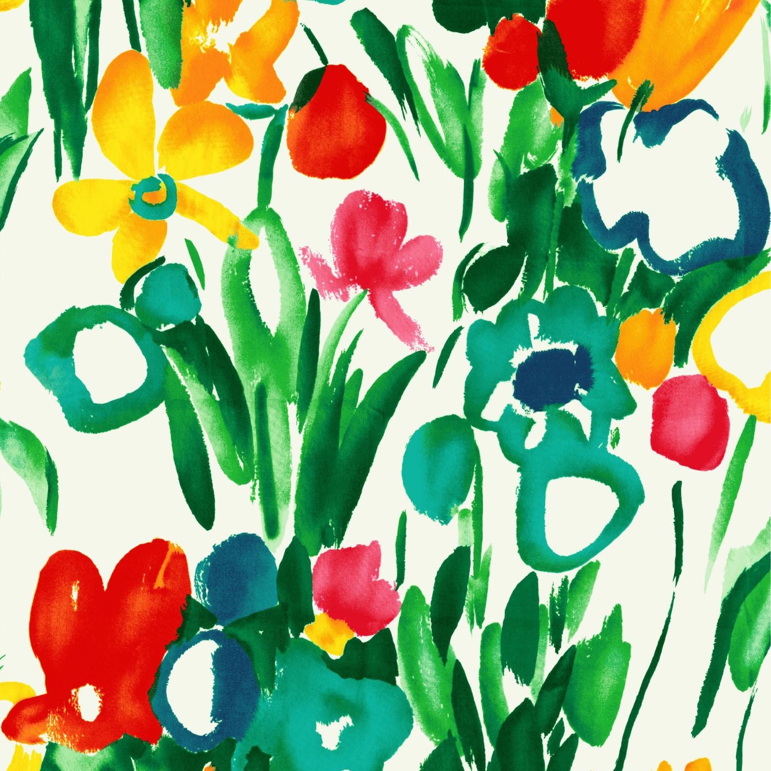 Colorful floral pattern with red, yellow, blue, and pink flowers on a white background