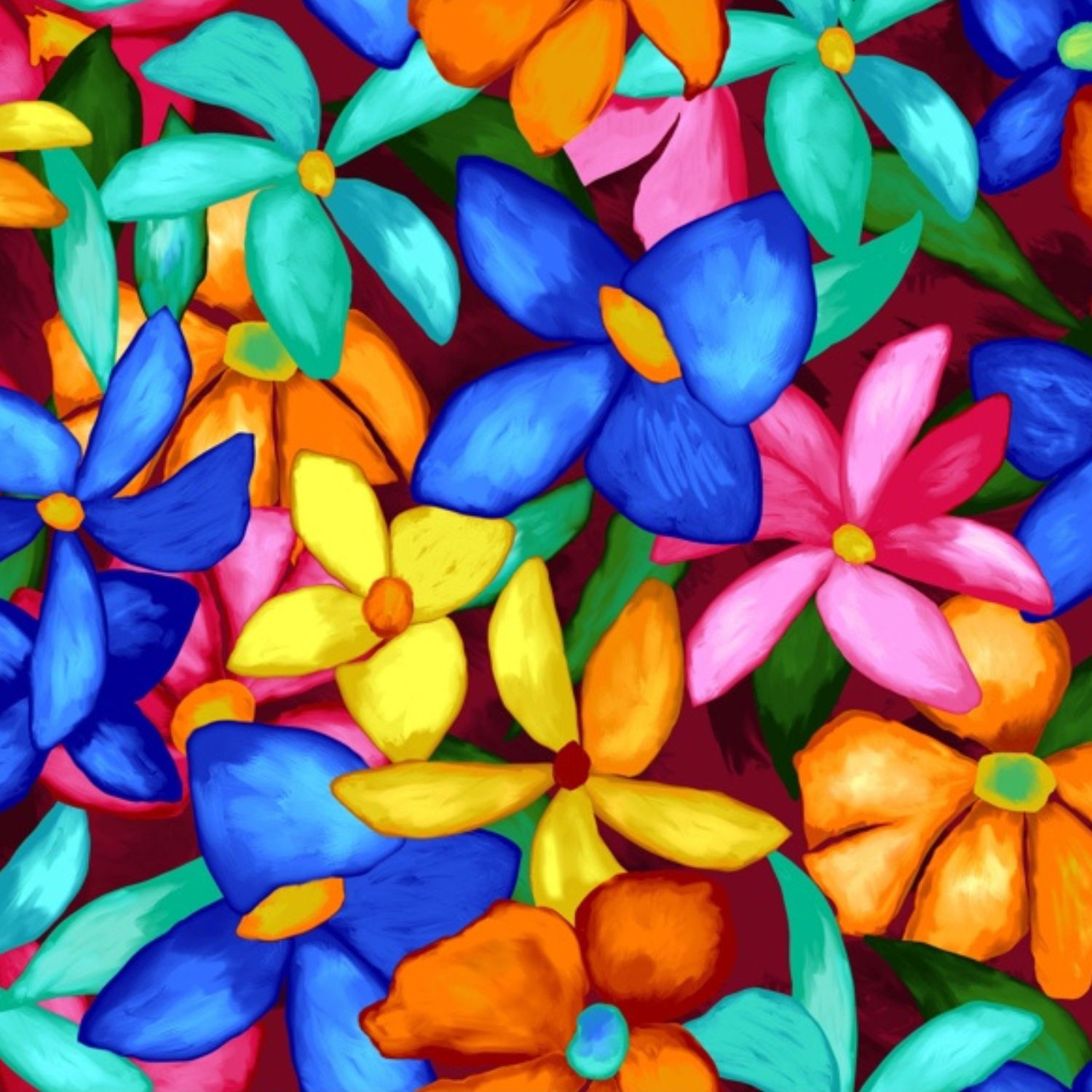 Colorful floral pattern with blue, yellow, orange, and pink flowers on a red background.