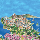 Illustration d'une scène côtière avec des bâtiments, des palmiers et des fleurs sur fond bleu.