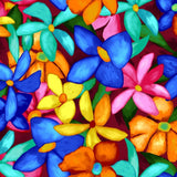 Colorful floral pattern with blue, yellow, orange, and pink flowers on a red background.