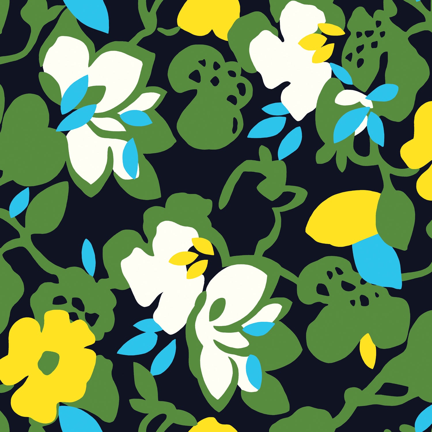 Échantillon de tissu à motif floral graphique et continu sur fond bleu marine foncé. Le motif présente de grandes fleurs et feuilles abstraites dans une palette restreinte et contrastée de blanc éclatant, vert citron, jaune vif et turquoise/bleu ciel.