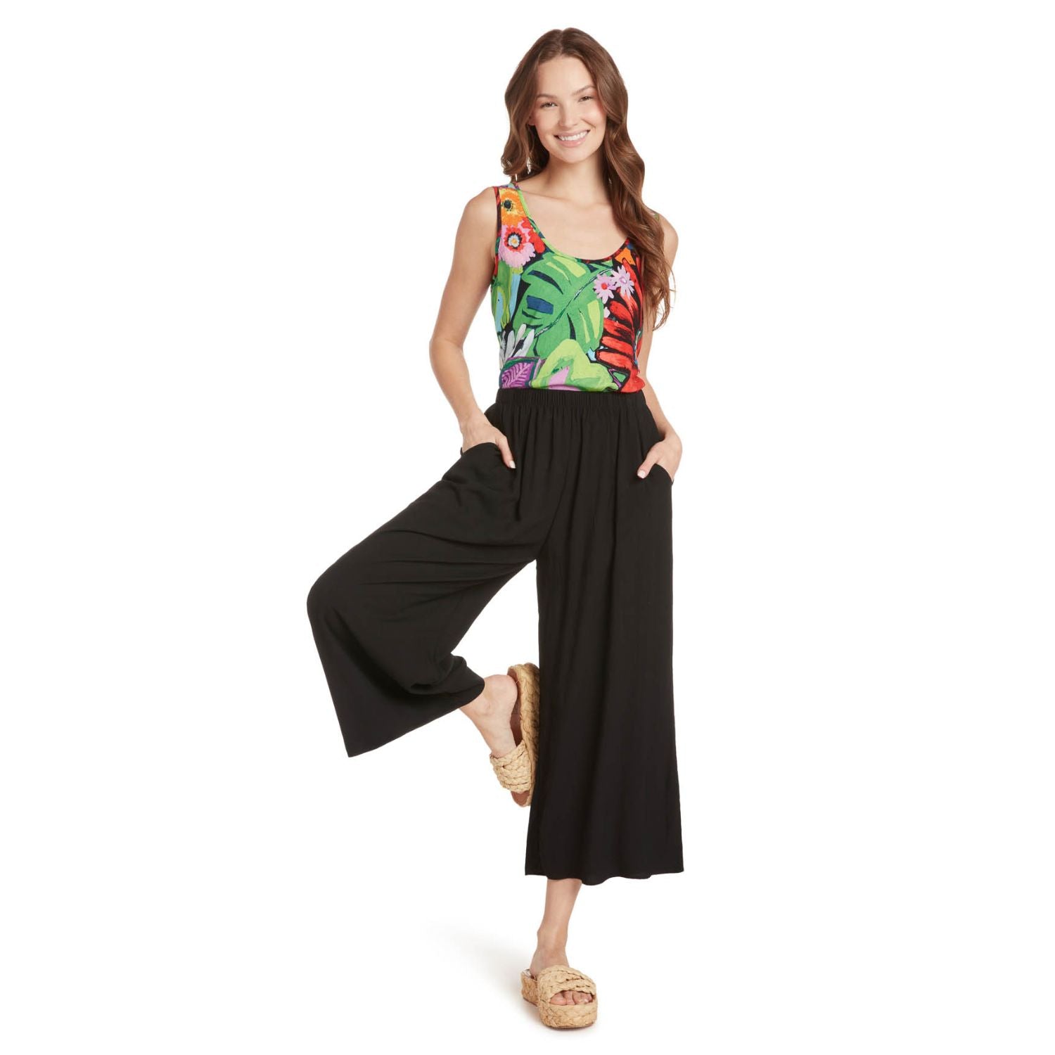 Solid Wide Leg Cropped Pants - Black