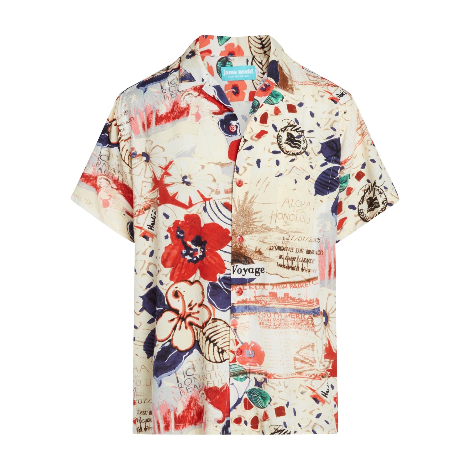 Colorful shirt with a Collage with vintage-style elements, including flowers and text, on a beige background.