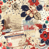 Fabric swatch of a Collage with vintage-style elements, including flowers and text, on a beige background.