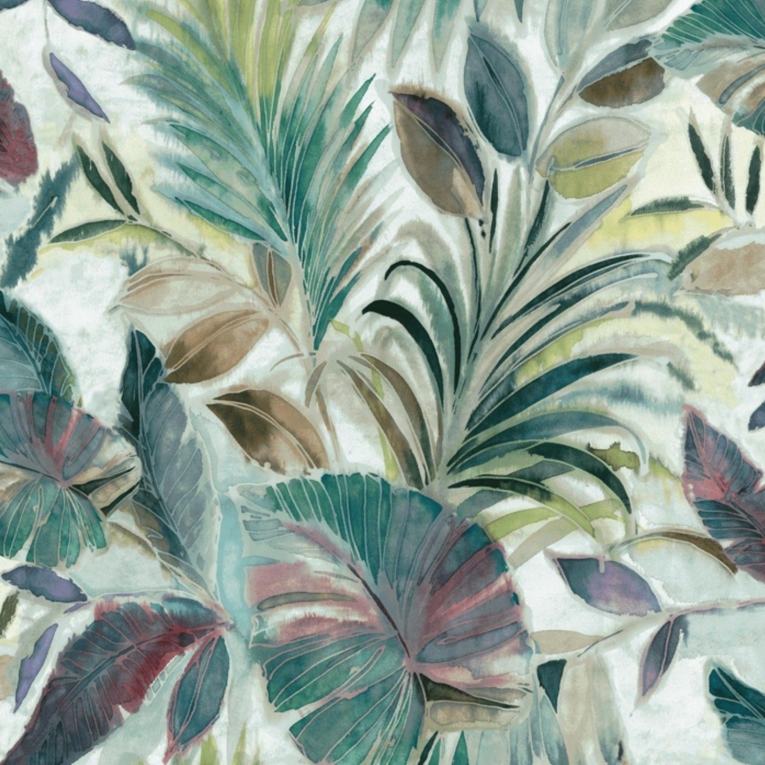 Motif de feuilles tropicales vertes, brunes et violettes sur fond clair
