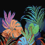 a close-up of a bold, painted tropical print on a black background. The abstract leaves are oversized and vibrant, featuring colors like hot pink, bright turquoise blue, sea green, and apricot orange. The style is painterly and heavily saturated.