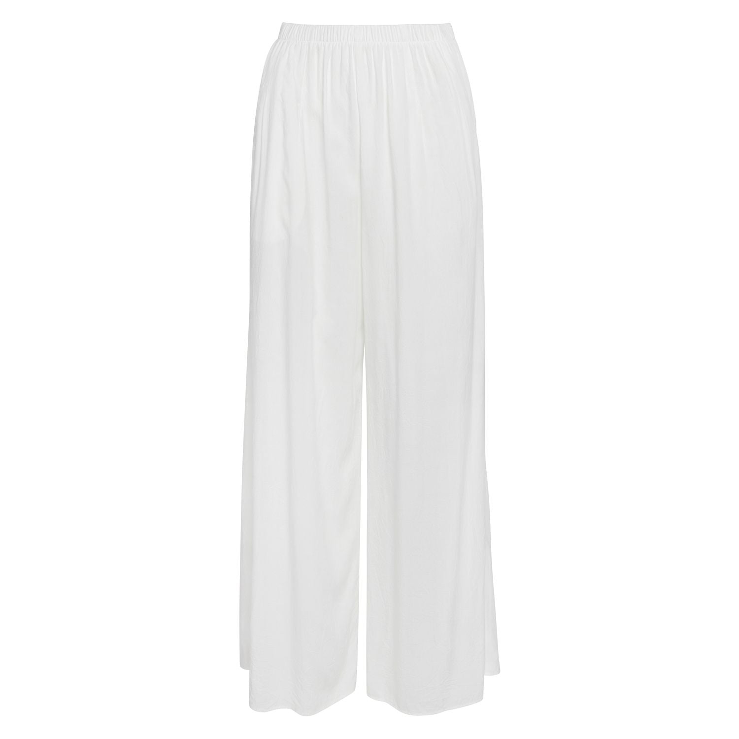 A product-only shot of a pair of full-length white wide-leg pants shown flat against a white background. The pants feature an elastic, gathered waistband and have a smooth, flowing drape to the fabric.