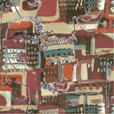 This is a close-up image of a fabric print featuring an abstract, expressionistic design of overlapping faces and masks. The colors are dominated by warm tones of rust red, brown, tan, and dark gold, with accents of deep teal blue and bright red lips. Thin white lines outline the abstract features.