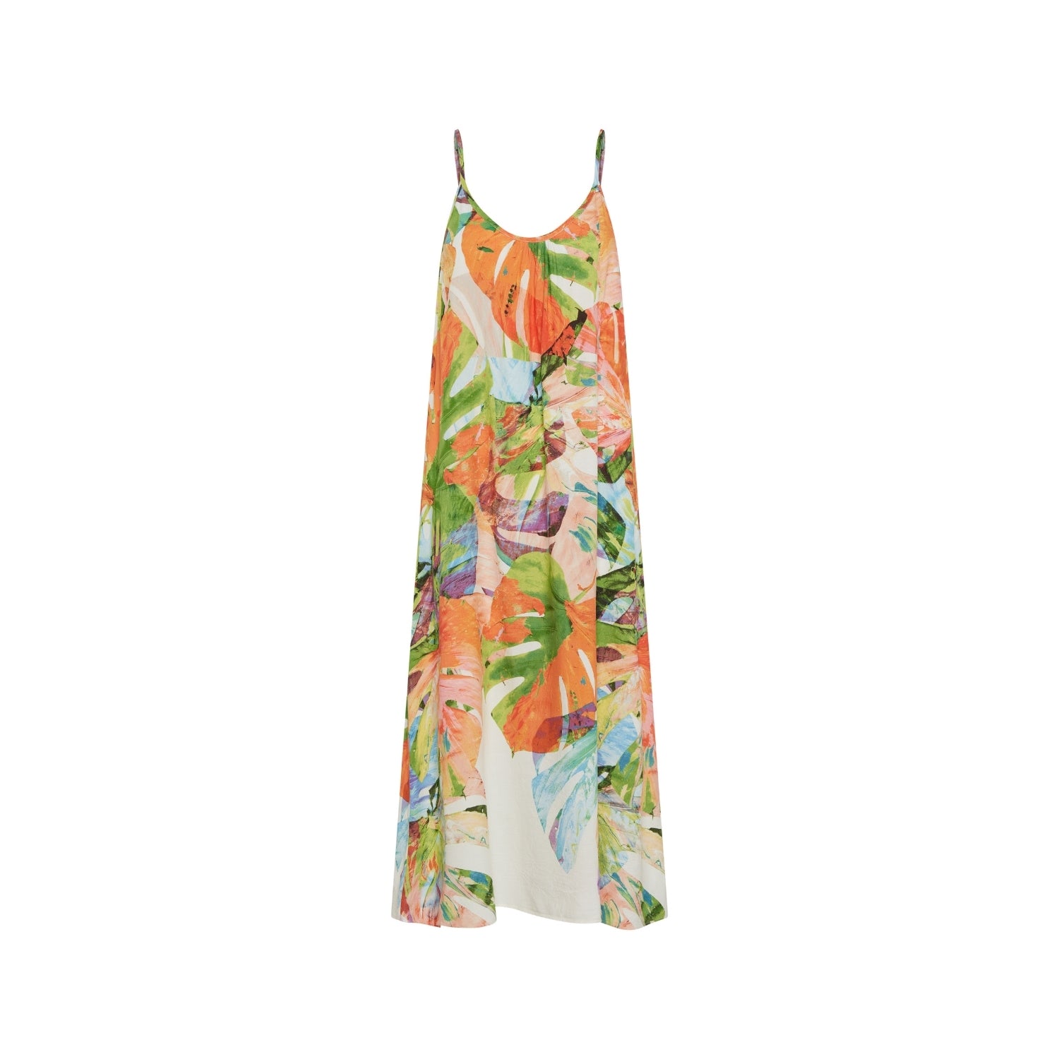 Vestido floral colorido sobre fondo blanco.