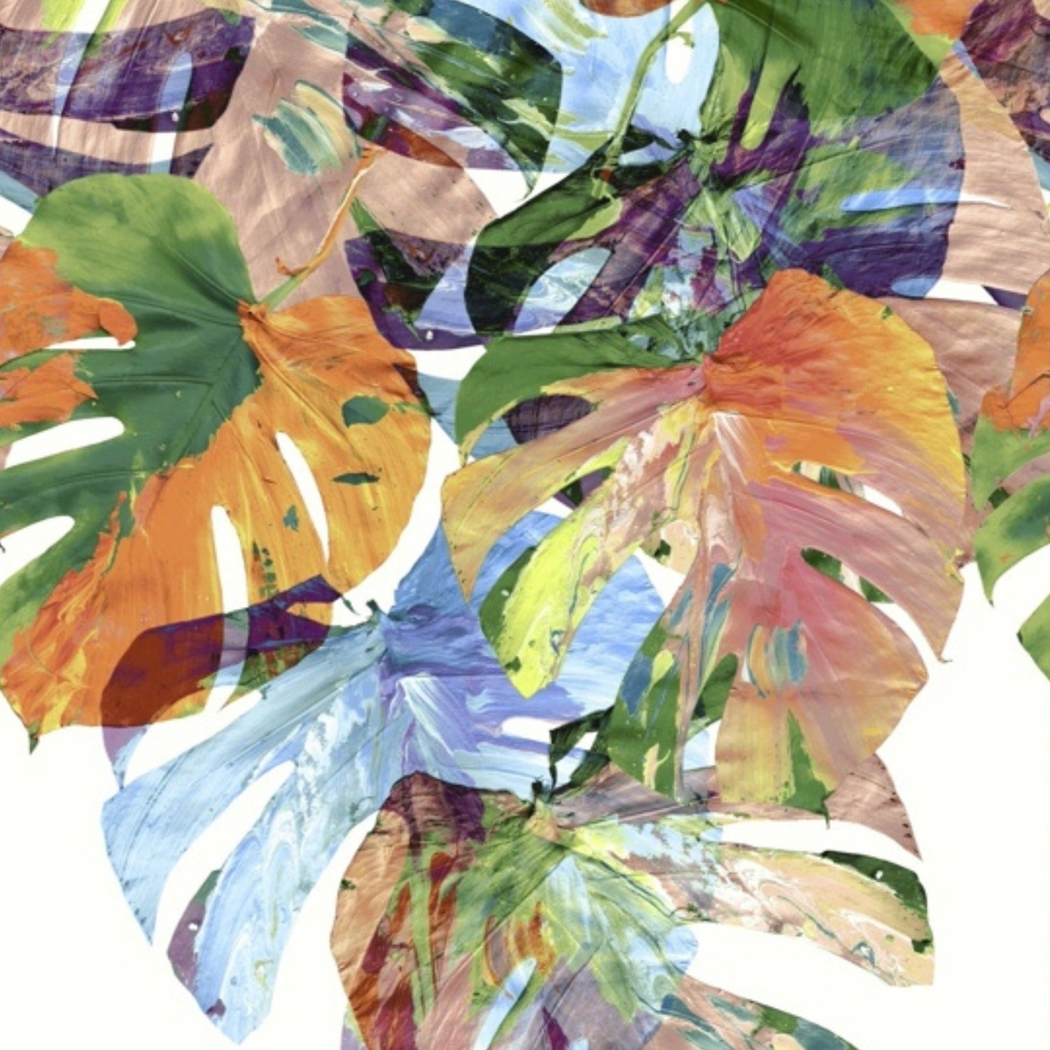 Patrón de hojas tropicales coloridas con fondo blanco.