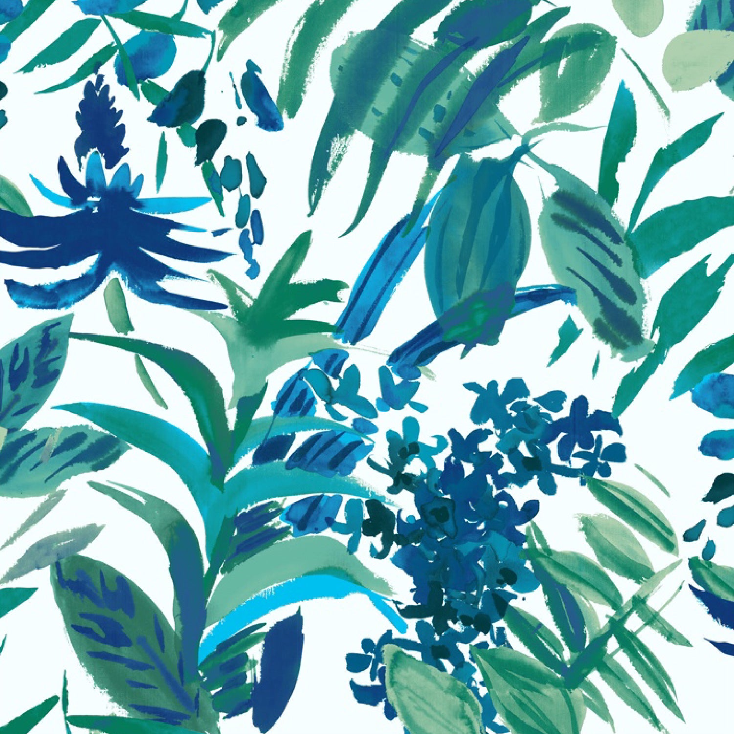 Pattern of blue and green leaves on a white background