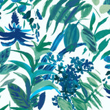 Pattern of blue and green leaves on a white background