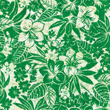 A close-up of a dense, two-tone fabric pattern featuring a classic tropical design of hibiscus flowers, leaves, and smaller blossoms. The pattern is rendered in a bright, vibrant green on a textured, cream-colored background, resembling a traditional batik or reverse-print style.