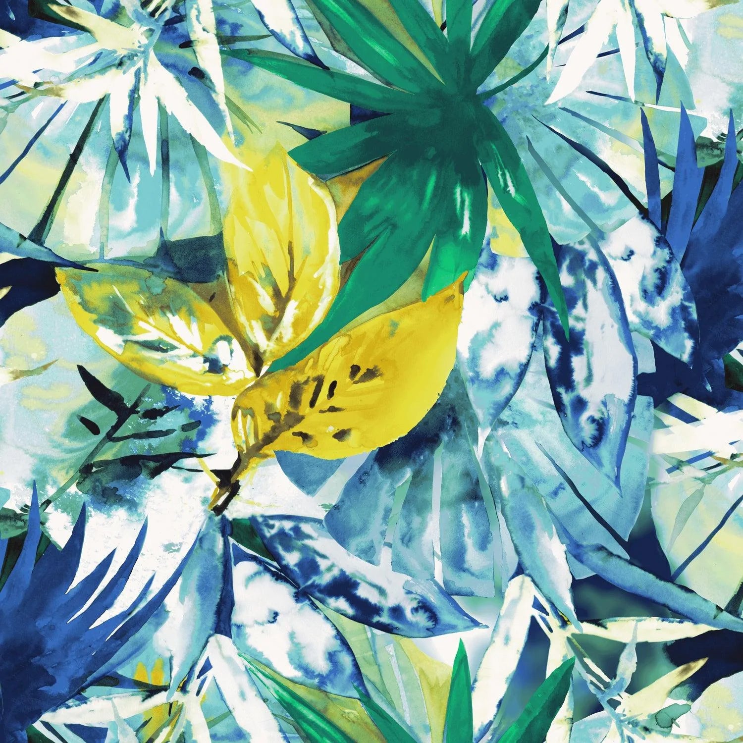 A close-up of a vibrant, abstract fabric pattern composed of overlapping tropical leaves. The print uses a watercolor style with colors primarily in bright, saturated blue, various greens, and sunny yellow, creating a dense, jungle-like effect.
