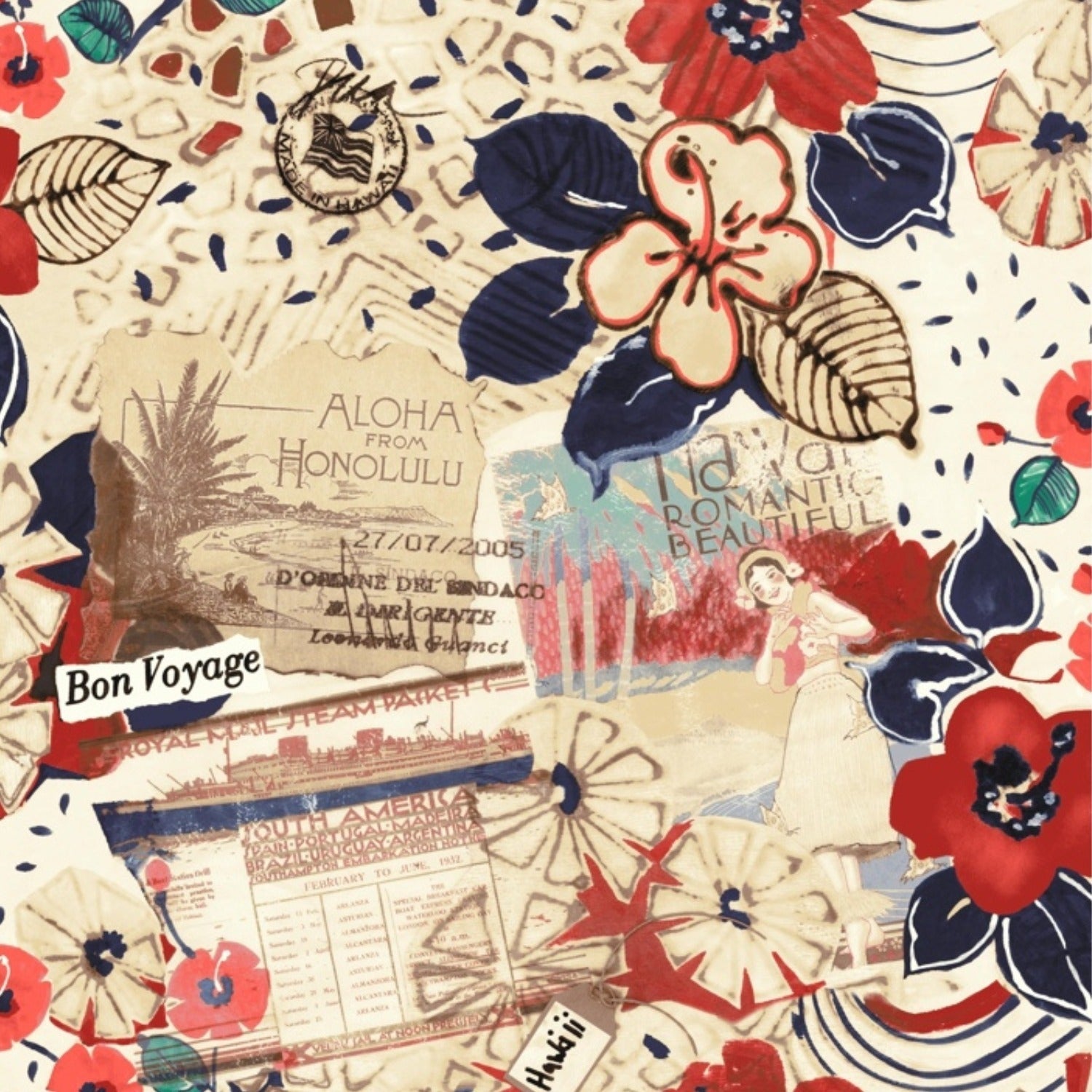 Collage with vintage-style elements, including floral patterns and text, on a beige background.