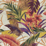 Colorful tropical leaf and flower pattern on a textured fabric background