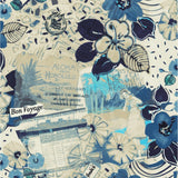 Collage with blue floral patterns and vintage text on a beige background