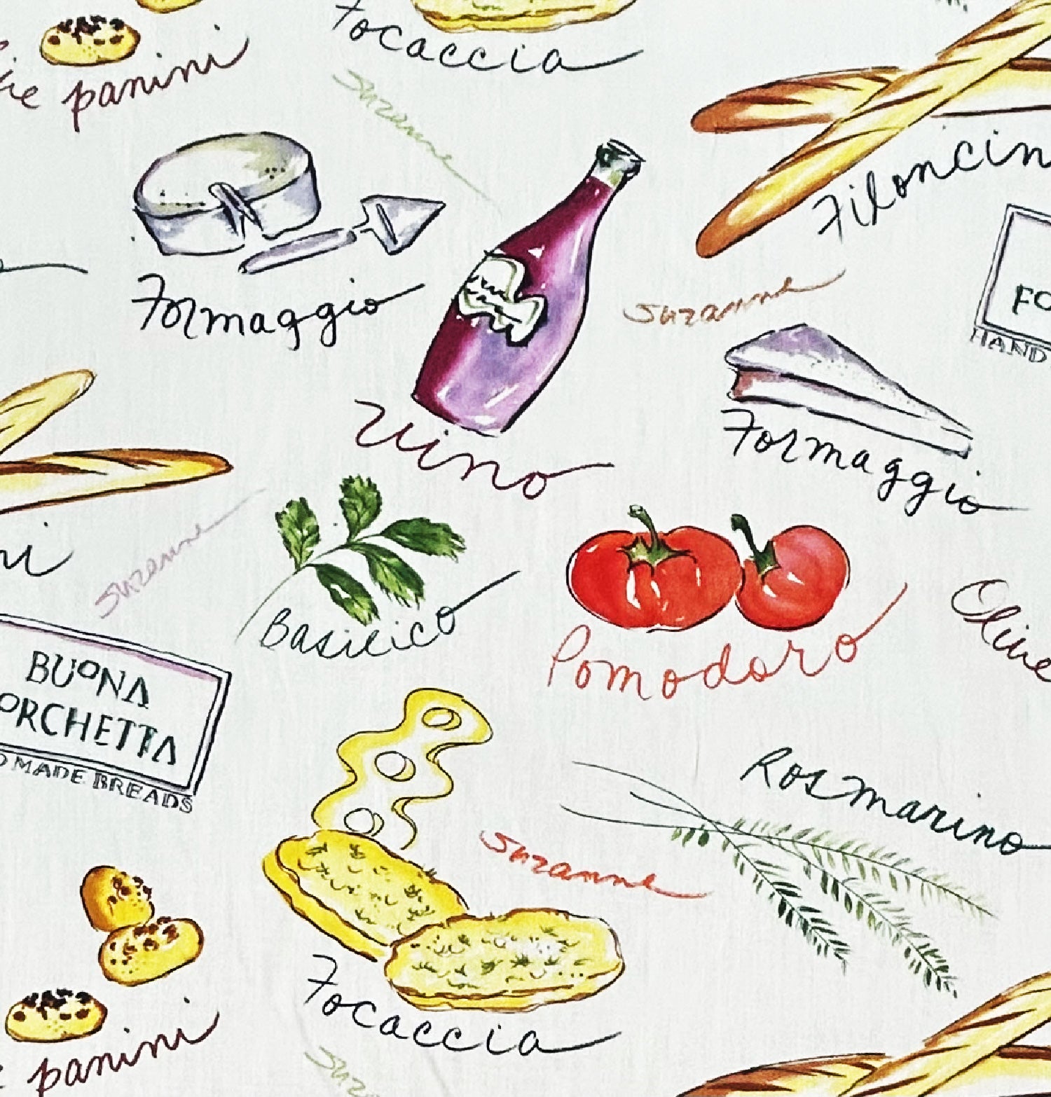 Ilustraciones de alimentos e ingredientes italianos sobre un fondo blanco con texto.