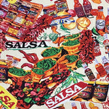Colorful display of salsa products with various bottles, jars, and ingredients on a white background.