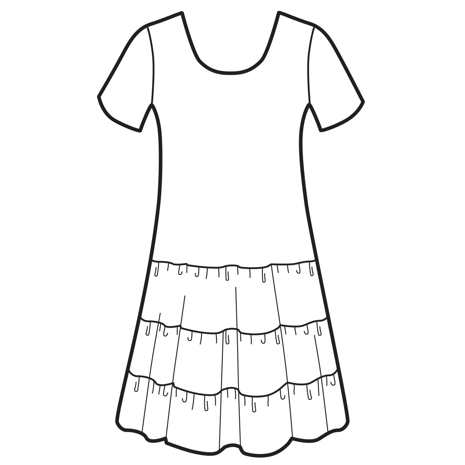 A technical line drawing, or flat sketch, of a short-sleeved women's dress. The dress has a scoop neckline, a fitted bodice, and a skirt composed of three tiered ruffles. The ruffles have stitched lines that create a subtle scalloped or fringed appearance at the hem of each tier.