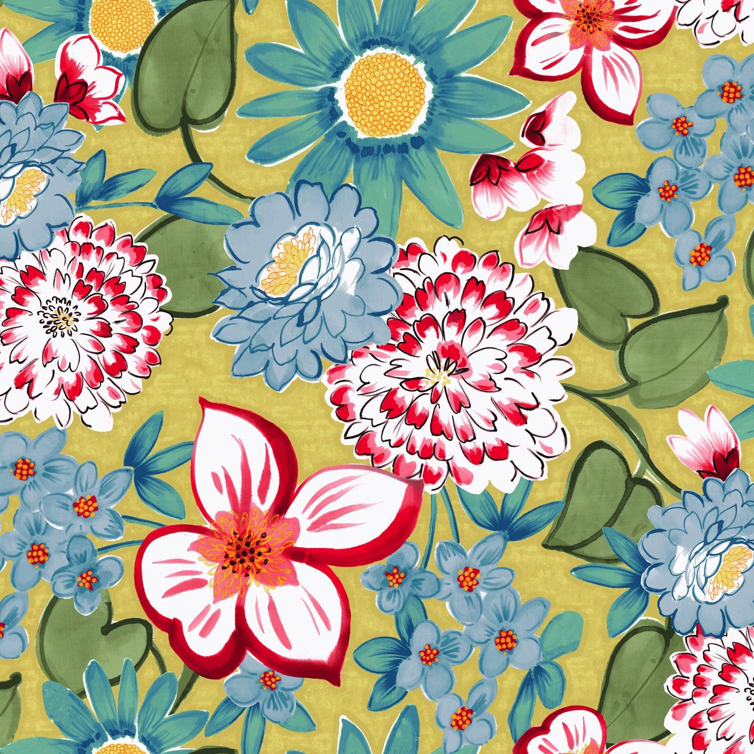 Colorful floral pattern on a yellow background