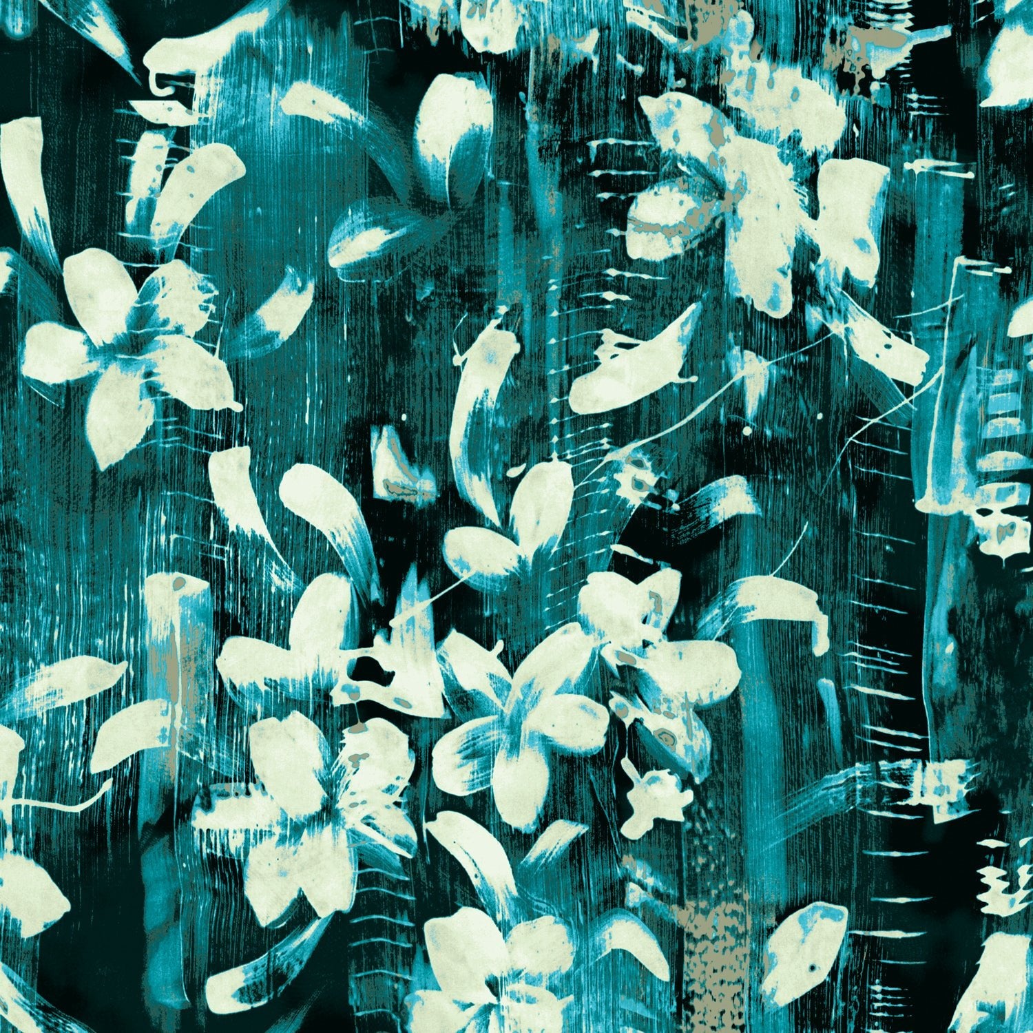 Abstract art with white floral shapes on a dark textured background