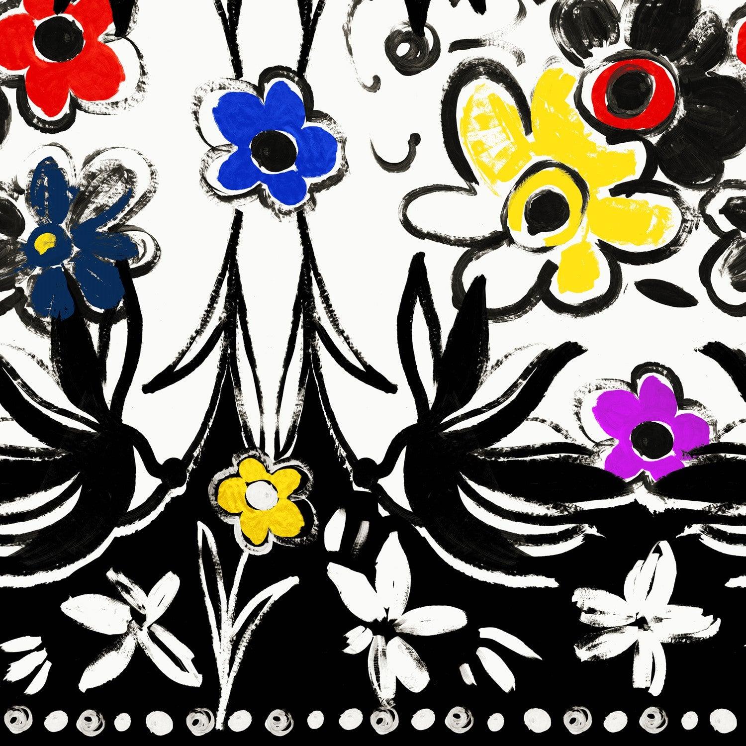 Diseño floral colorido con contornos negros sobre fondo blanco.