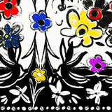 Diseño floral colorido con contornos negros sobre fondo blanco.