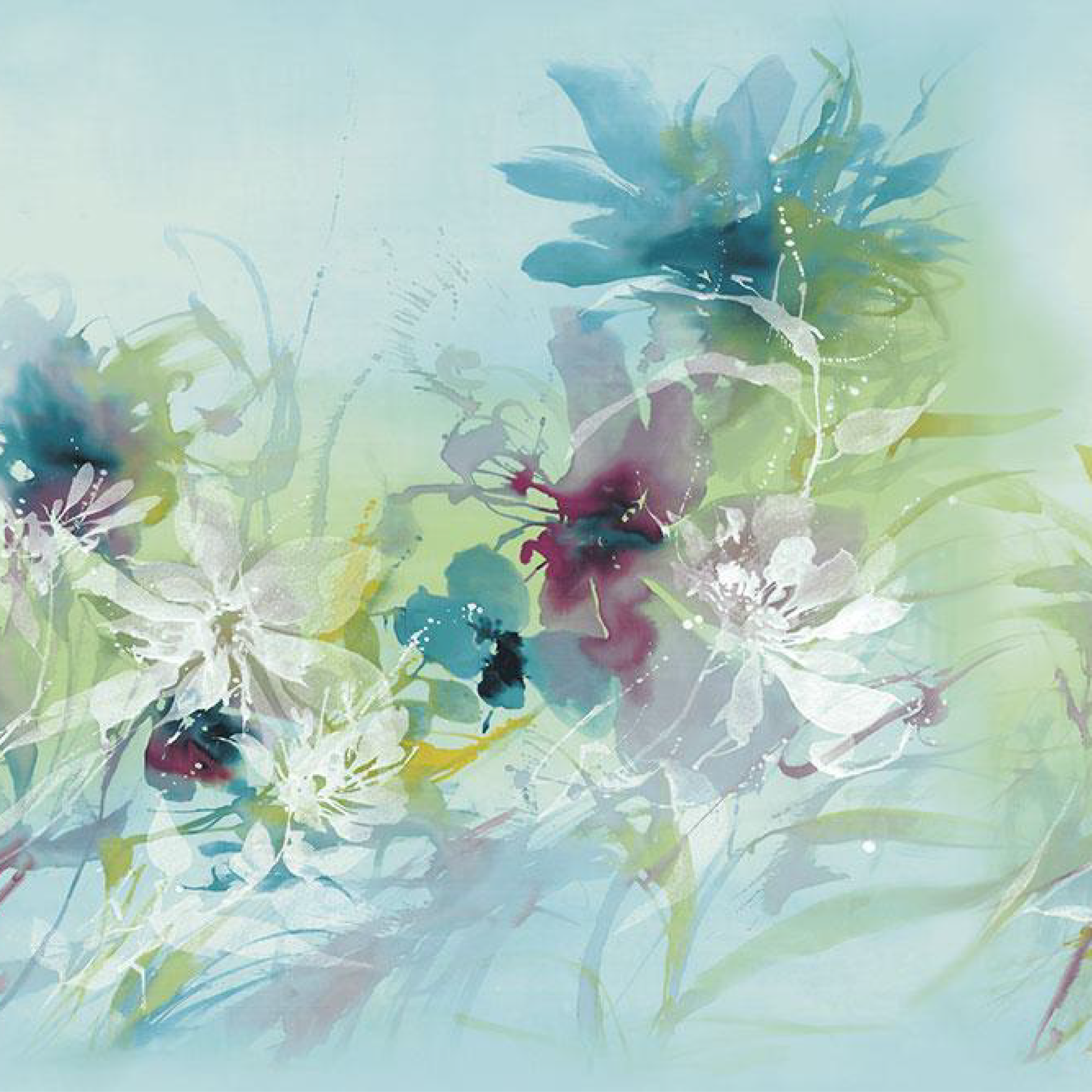 Abstract watercolor painting of flowers on a light blue background