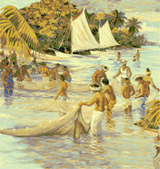 Painting of a tropical beach scene with people and sailboats.