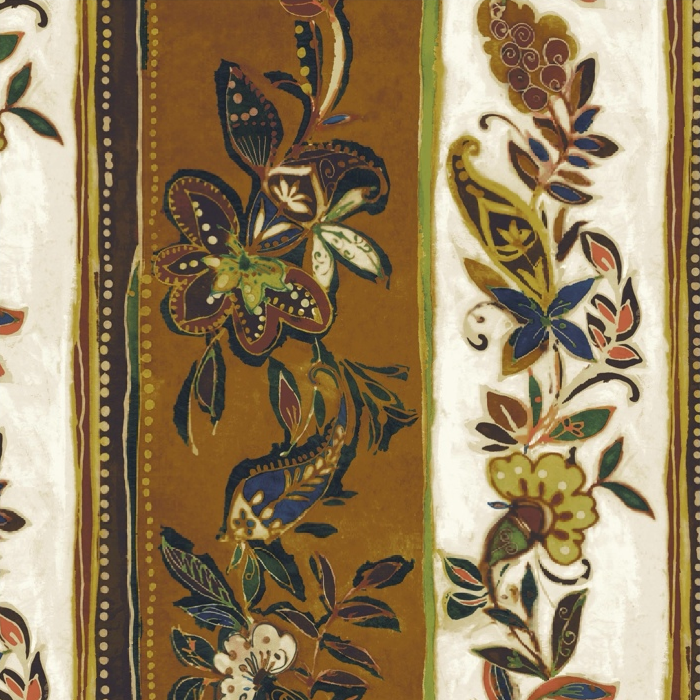 Close-up of a floral patterned fabric with brown, green, and blue colors on a white background.