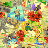 Collage de carteles antiguos con textos e imágenes coloridas, que representan personas y la naturaleza.