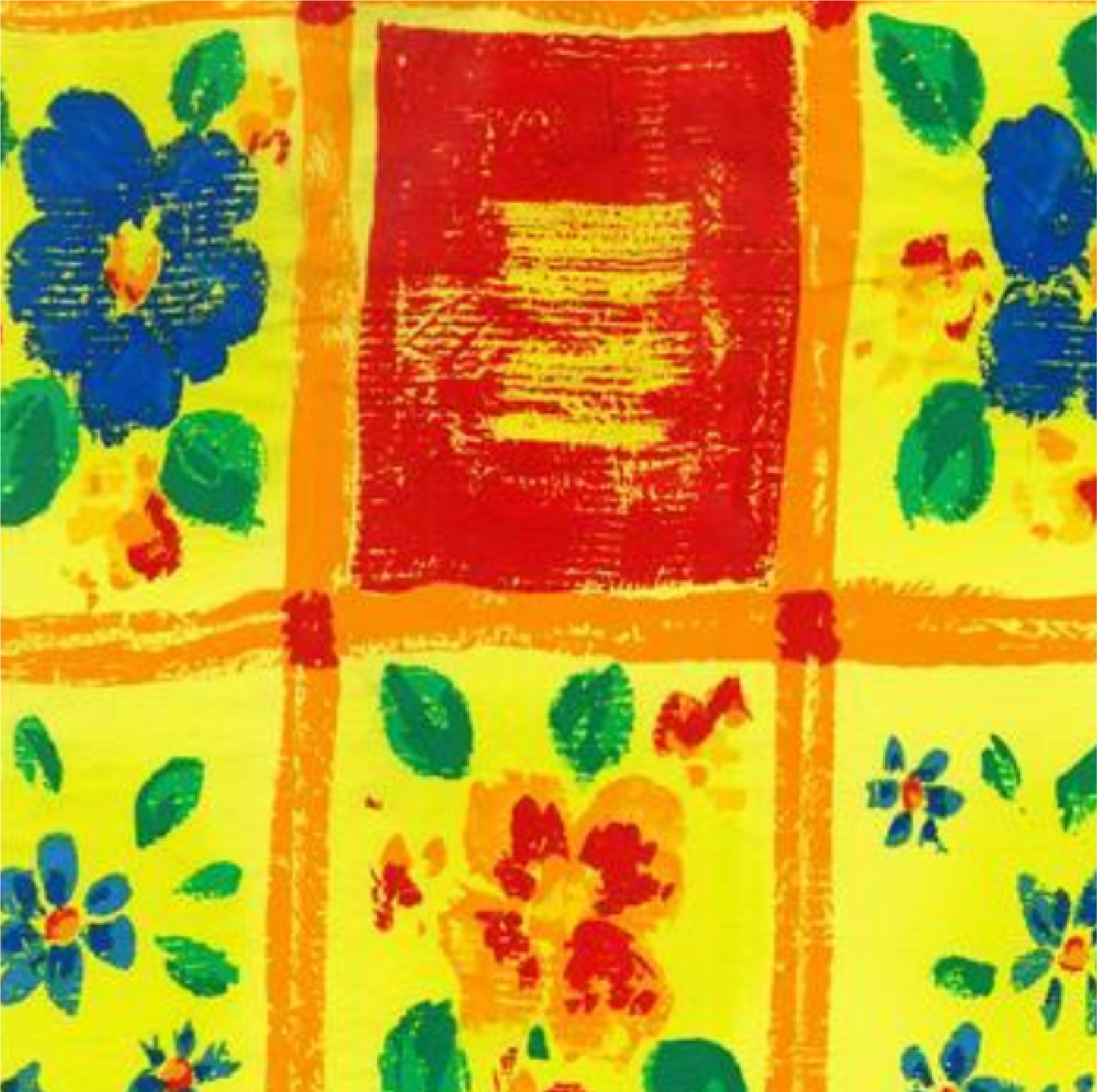 Colorful fabric pattern with flowers and geometric shapes on a yellow background