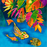 Colorful illustration of fish and tropical leaves on a blue background