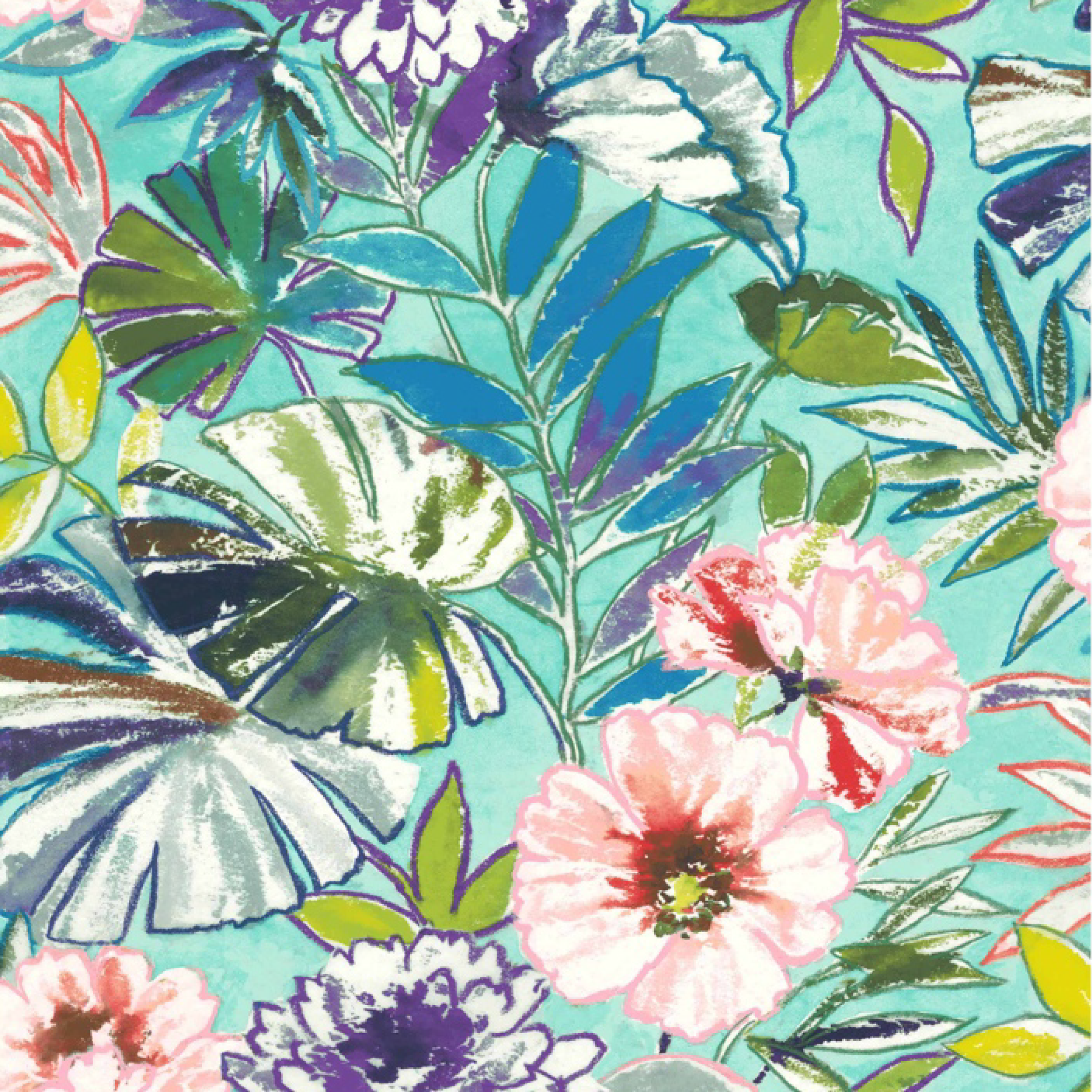 Colorful floral and leaf pattern on a turquoise background