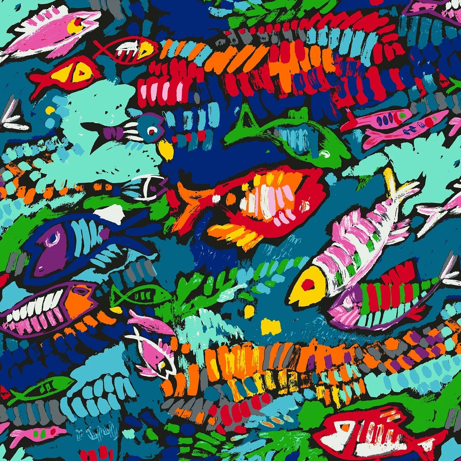 Colorful abstract pattern with fish shapes on a blue background