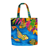Colorful tote bag with fish and leaf design on a white background
