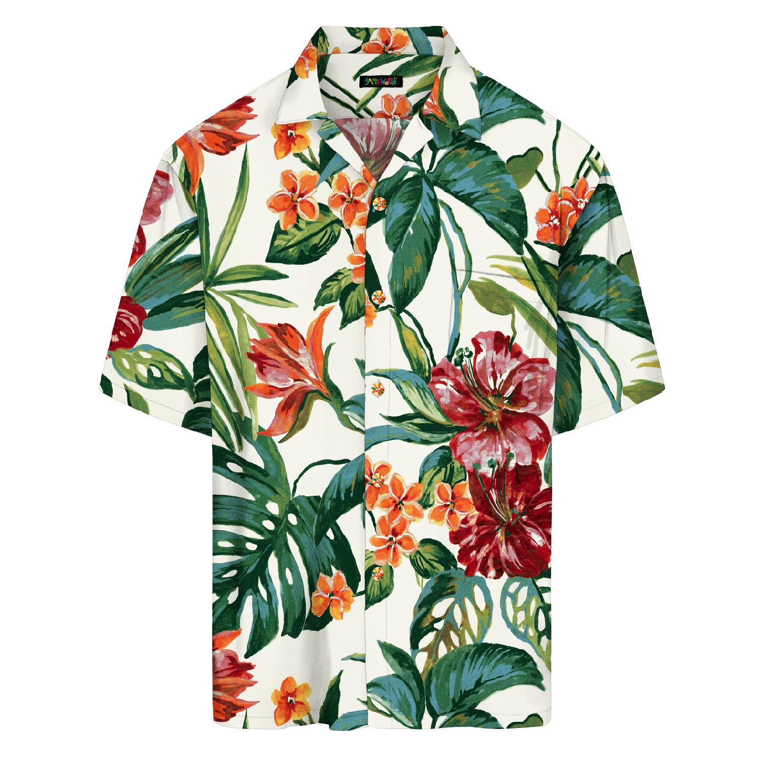 Hawaiian shirt with tropical floral pattern on a white background