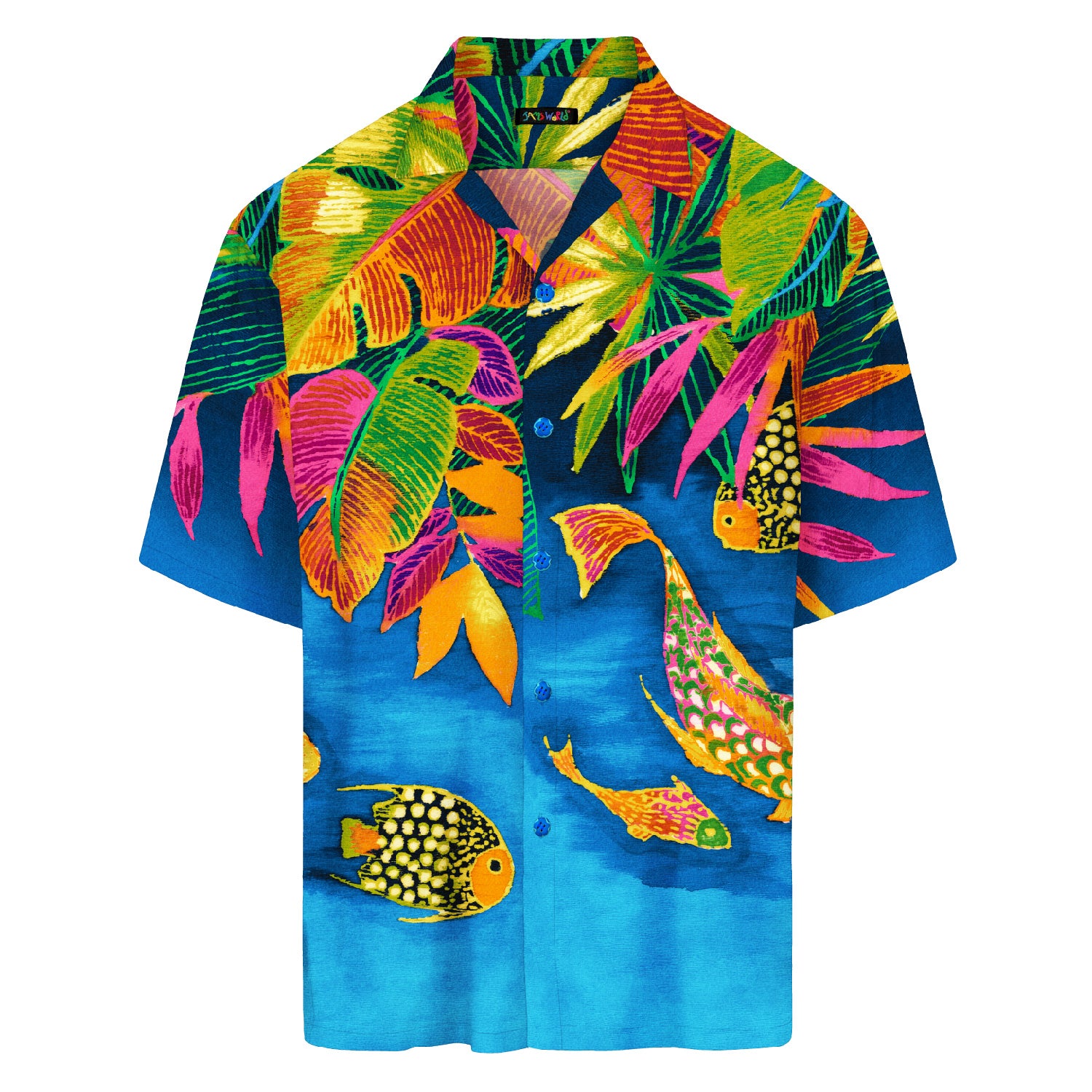 Colorful tropical shirt with fish and leaf patterns on a white background
