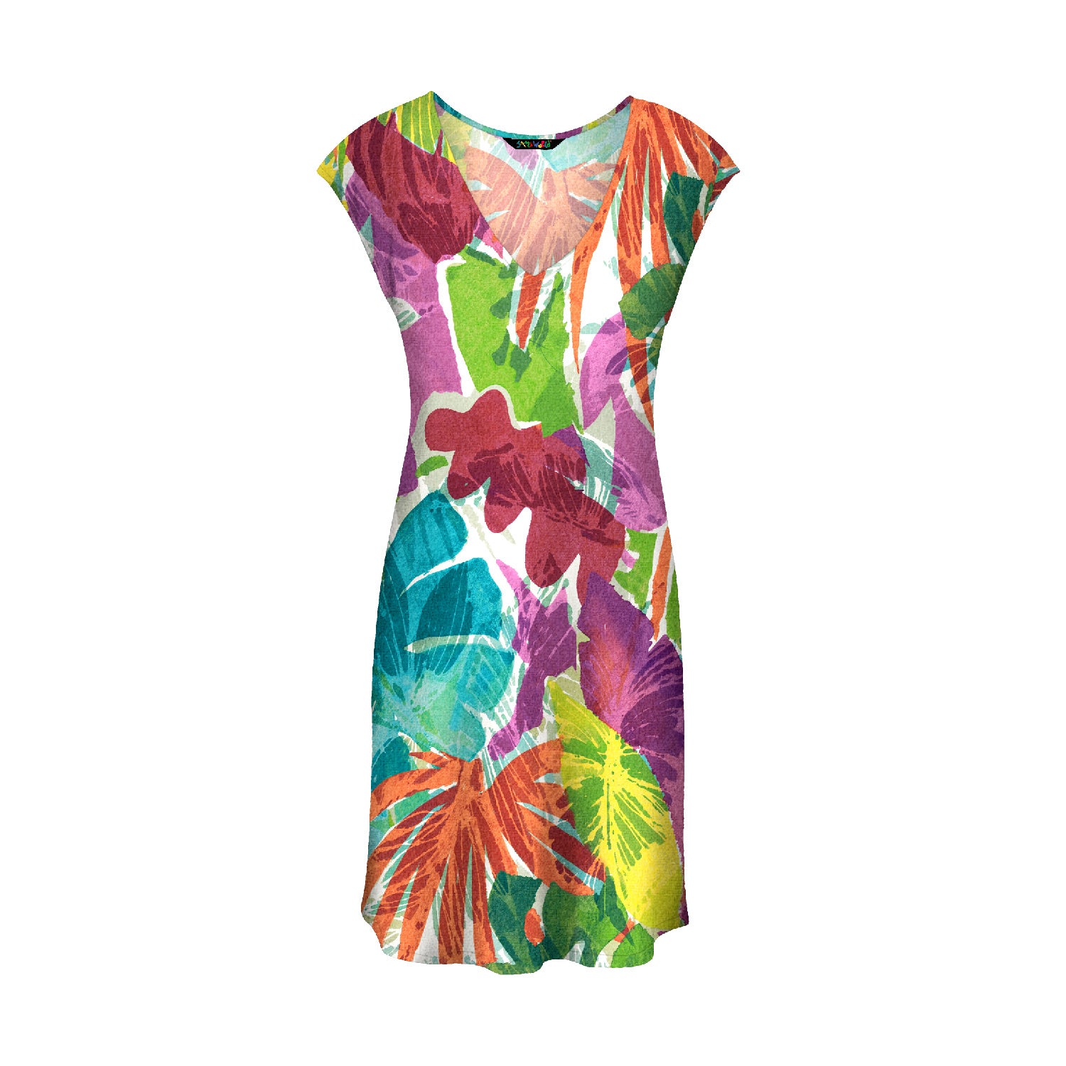 Vestido con estampado de hojas tropicales coloridas sobre fondo blanco