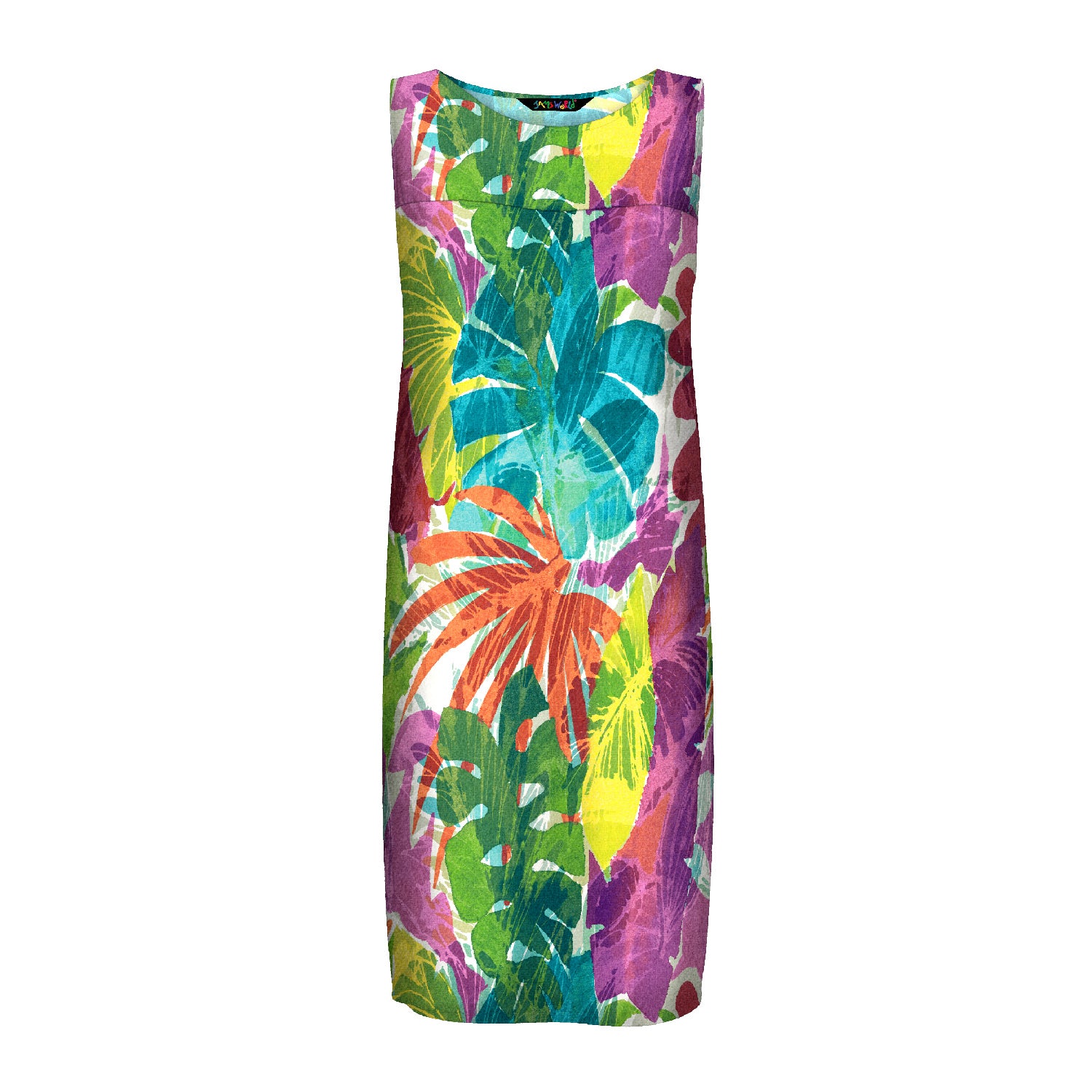 Colorful tropical leaf pattern dress on a white background