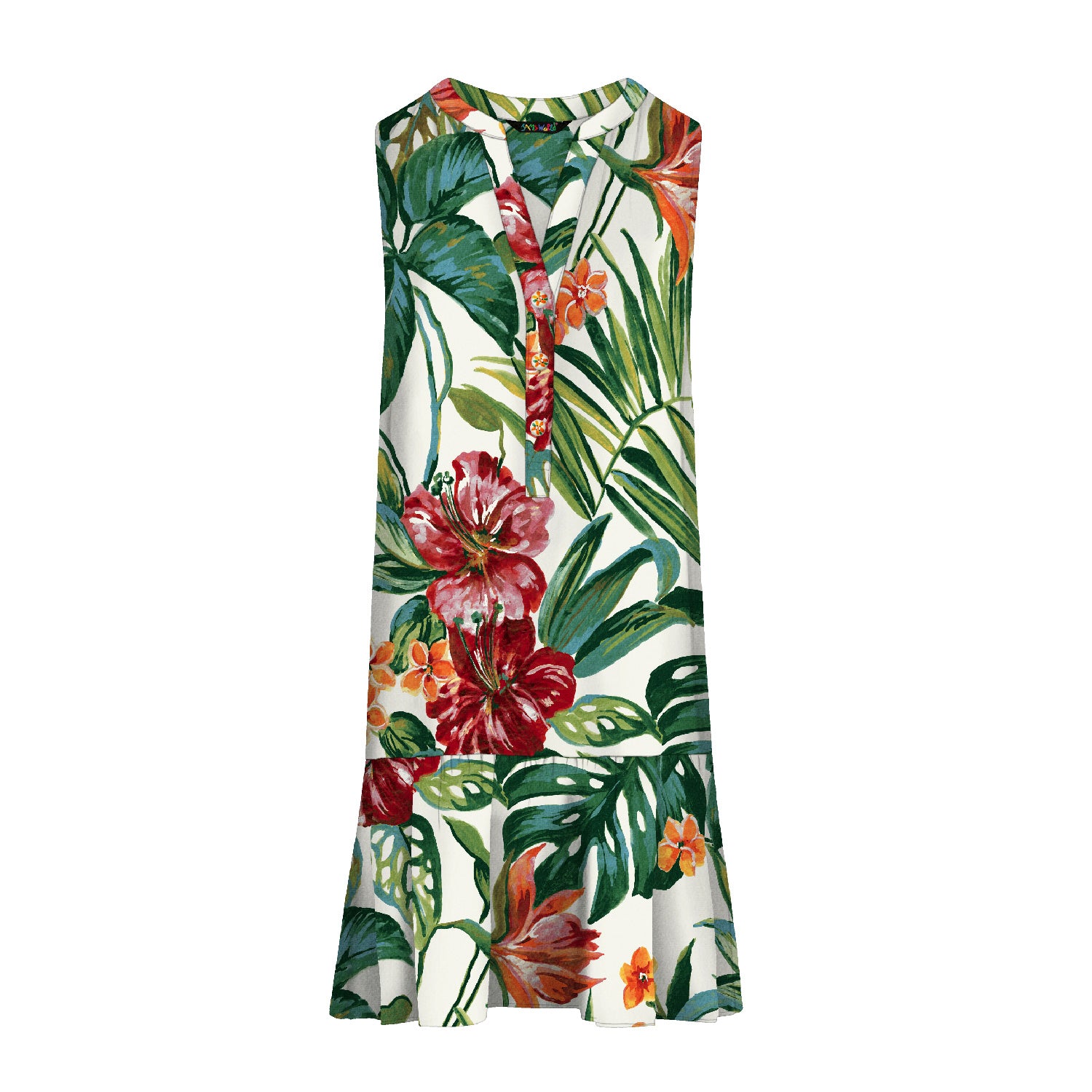 Vestido sin mangas con estampado floral tropical sobre fondo blanco.
