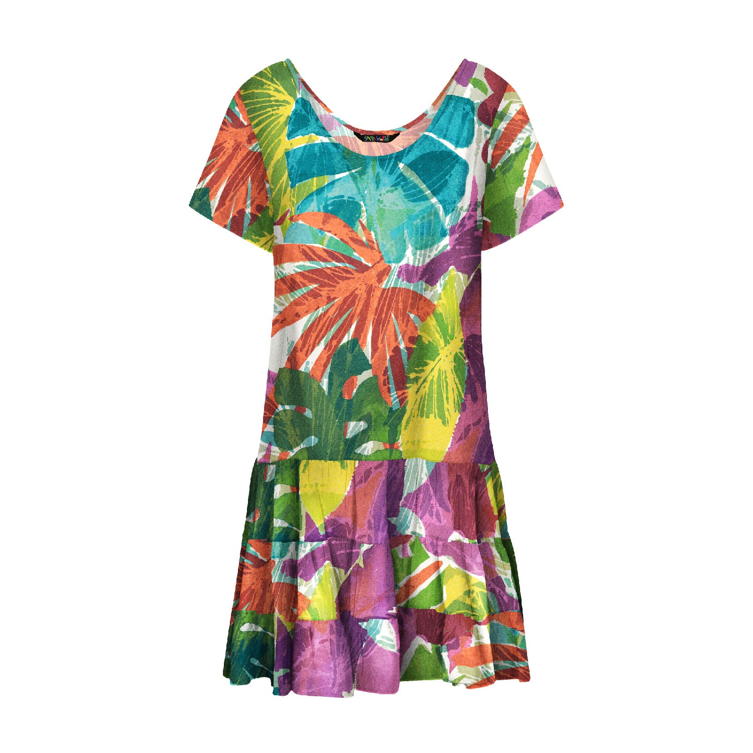 Colorful tropical pattern dress on a white background