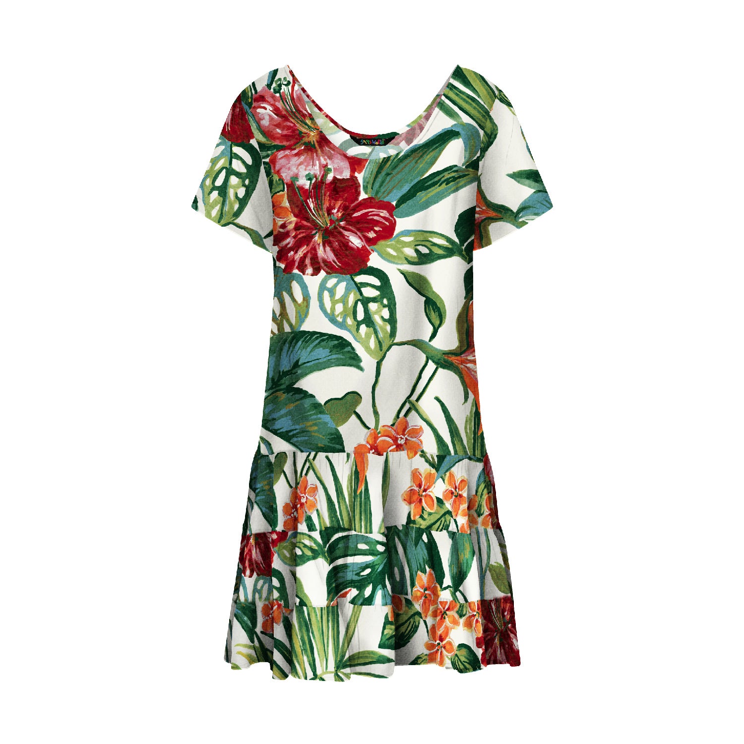 Dress with tropical floral pattern on a white background